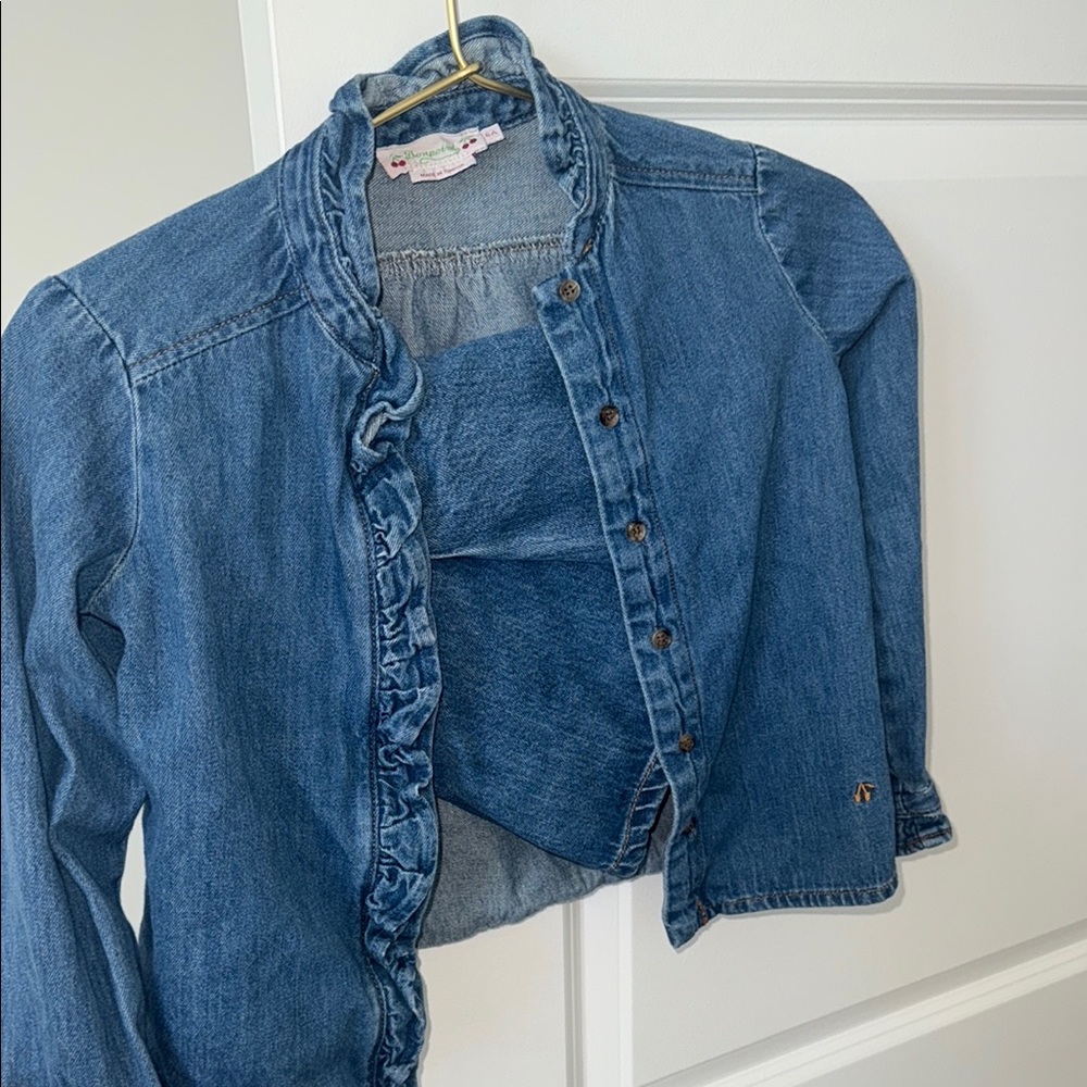 Denim Ruffle Button-Up Jacket and skirt set